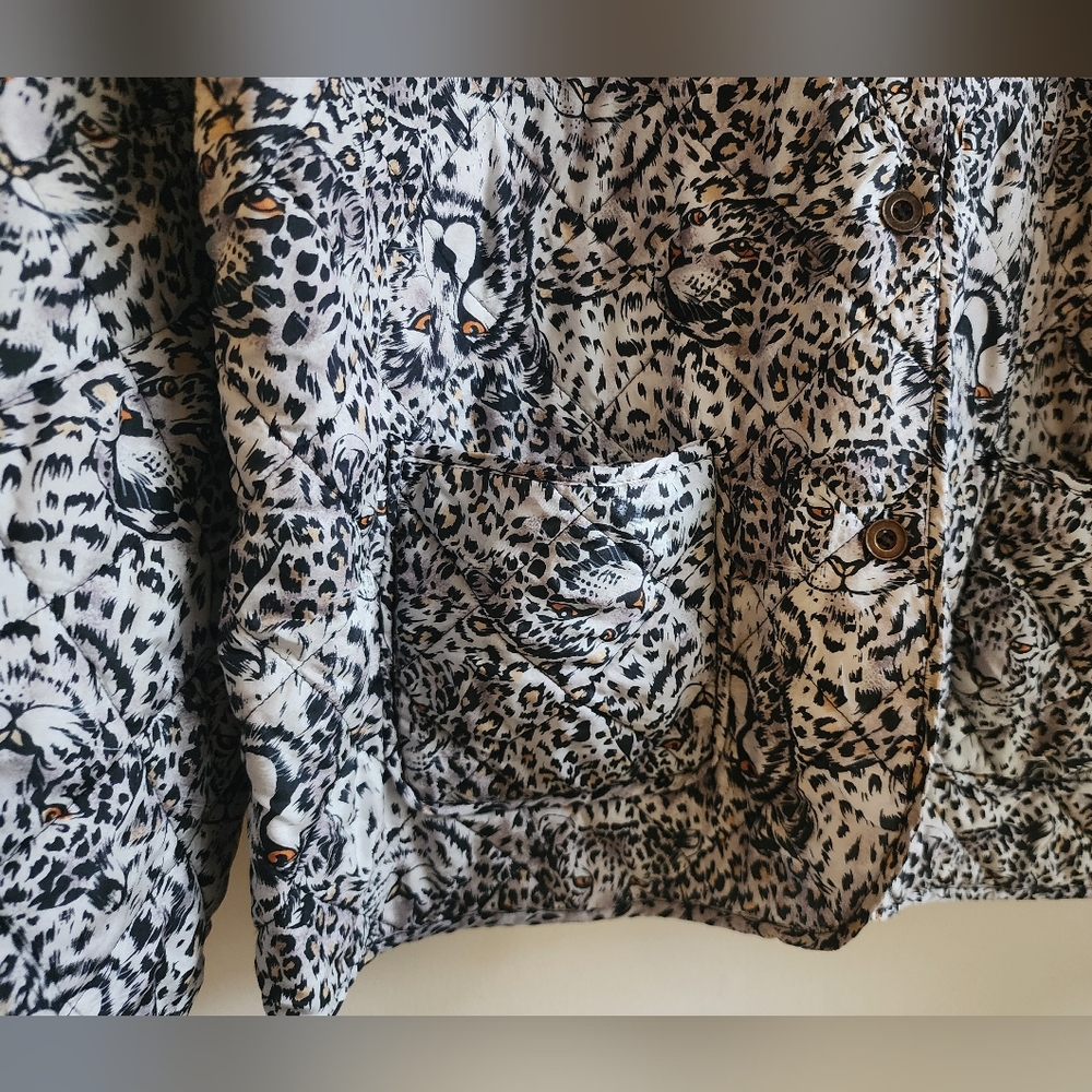 Vintage 80s 90s Silk Snow Leopard Quilted Anna & Frank Reversible Jacket L - Picture 6 of 9